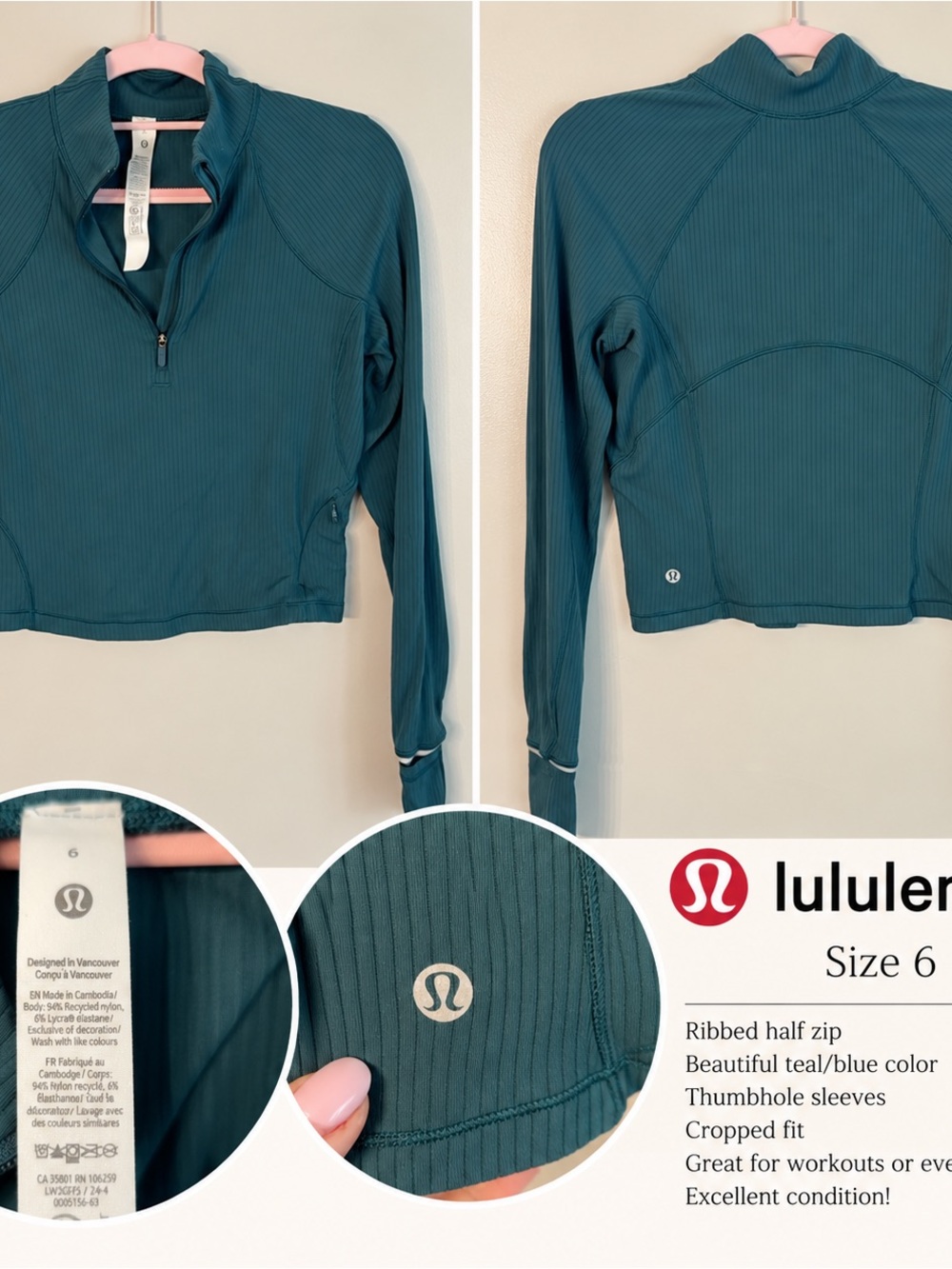 lululemon athletica Teal Ribbed Half-Zip Cropped Pullover